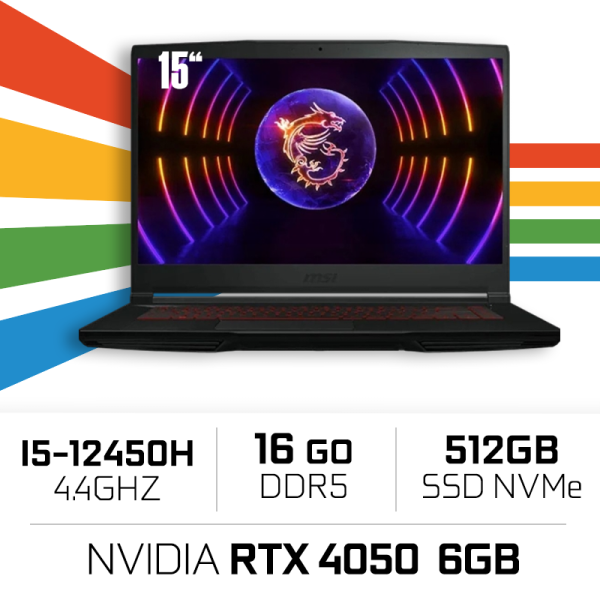MSI GF63 12VE-016FR THIN i5-12450H/16GB/512GB SSD/RTX 4050 6GB/15.6'' Win1 (Sans emballage) MSI GF63 12VE-016FR THIN i5-12450H/16GB/512GB SSD/RTX 4050 6GB/15.6'' Win1 (Sans emballage) – Image 1